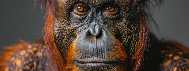  A tight shot of a monkey's face and chest, displaying an intricate orange and black pattern