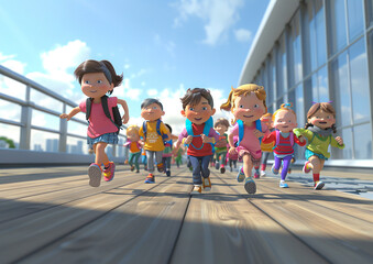 Obraz premium Elementary pupils from various cultures running outside on walkway, lively and vibrant, 3D animation