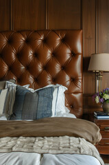 a guest bedroom a bed with a oversized tufted leather headboard in mahogany colour a luxurious retreat 