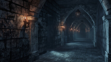 Dungeon dark stone walls with torches
