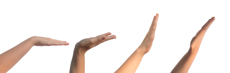 Kids hand signs, gestures with flat open palm, dofferent angles and positions, isolated on white background.