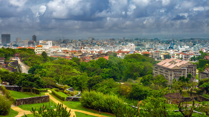Obraz premium Aerial view of the port city of Naha, Okinawa, Japan