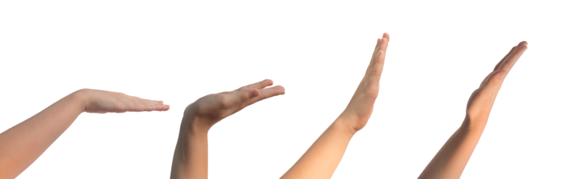 Kids hand signs, gestures with flat open palm, dofferent angles and positions, isolated on white background.