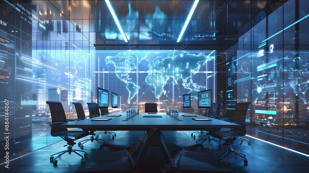 Wall mural a high-tech conference room where holographic displays and smart assistants facilitate highly effici