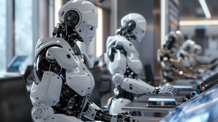 Fototapeta premium A futuristic office where robots and AI systems automate routine tasks, enhancing human creativity and productivity