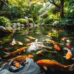 Dazzling Koi Fish Pond at Tranquil Japanese Garden with Lush Greenery and Vibrant Colors