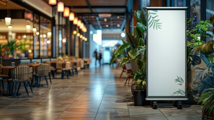 Tropical Vibes in Modern Restaurant Interior with Stylish Decor and Blank Roll Up Banner Stand