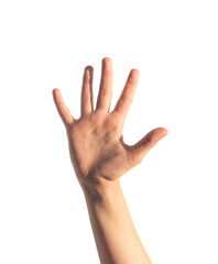 Kids hand waving hi, greeting gesture, five fingers spreading, isolated on white background.