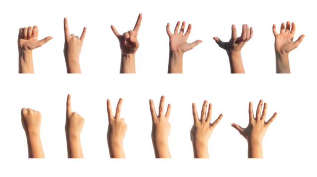 Kids hands gestures set. Counting fingers. rock horns, thumb, grab, catch, hold isolated on white background.