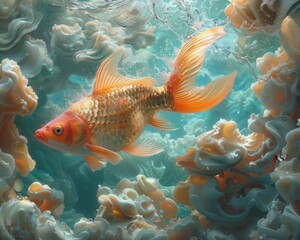 Naklejka premium Create a surrealistic painting of a fish swimming through the sky, with clouds shaped like ocean waves.