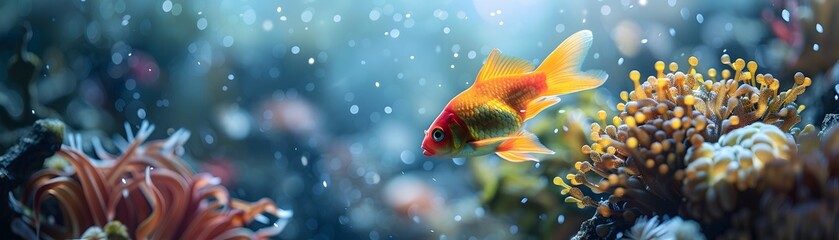 Fototapeta premium Whimsical Molly Fish Swimming Through Fairy Tale Inspired Underwater Landscape with Vibrant Coral