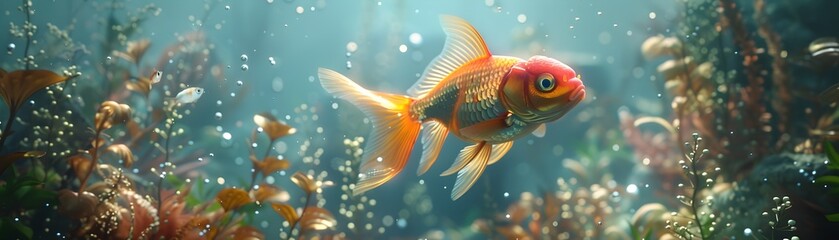 Fototapeta premium Vibrant Molly Fish Navigating Whimsical Fairy Tale Inspired Aquatic Landscape