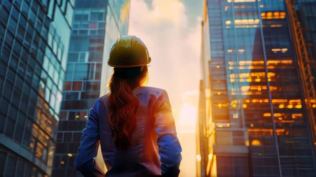 Female architect or engineer standing on a building during sunrise overlay with cityscape. The concept of engineering, construction and city life 
