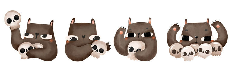 Set of portrait of black cats with human skull. Cartoon illustration for Halloween. Autumn card, sticker, poster. Hand drawn illustration on isolated background