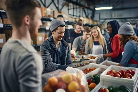A group of diverse people volunteering at a local food bank showcasing compassion generosity and community service, - Powered by Adobe