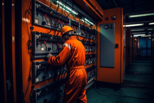 Engineer testing voltage with voltmeter on circuit breaker and power distribution board wiring
