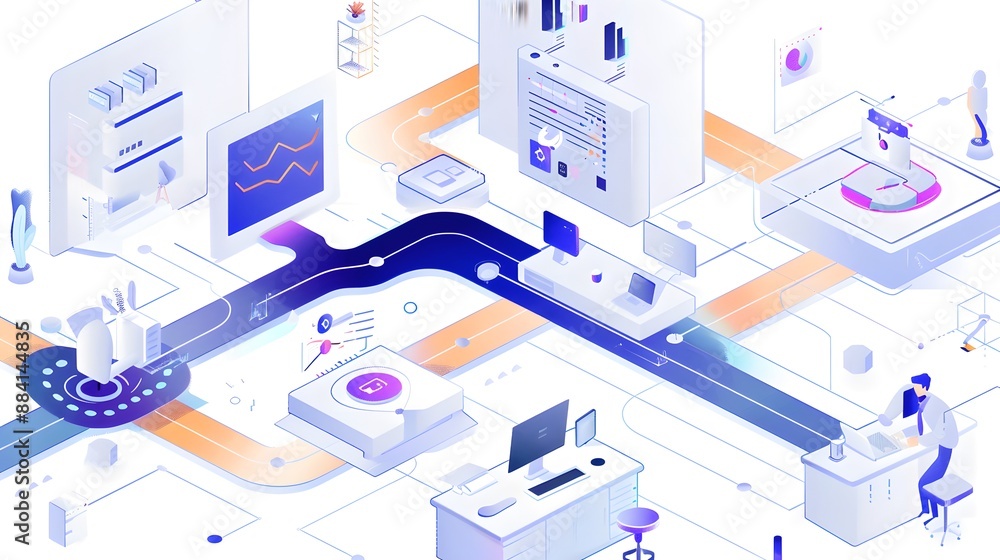 Poster a smooth, flowing diagram depicting an optimized workflow in a high-tech office environment