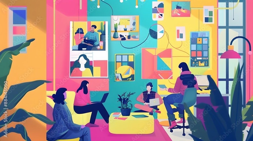 Poster a vibrant digital workspace where teams from around the world collaborate in real-time using advance