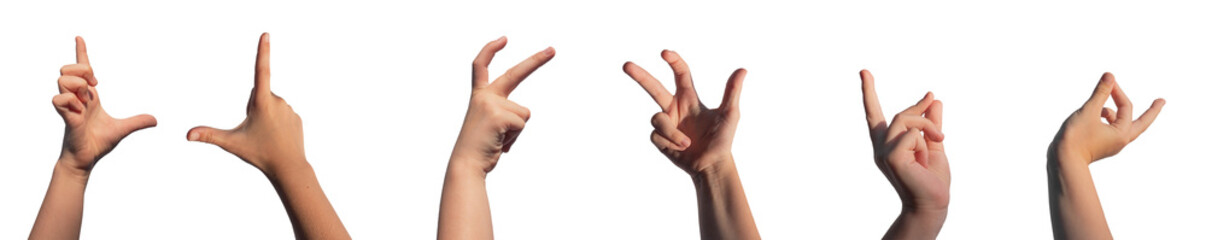 Kids hands, funny childs fingers signs, gestures set isolated on white background.