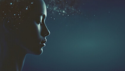 Obraz premium Conceptual depiction of a person absorbed in himself, reflecting with his thoughts on the origin of life in the universe, the meaning of its existence and the past and future