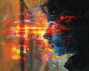 Create a surrealistic painting of a person merging with a computer screen, with digital data flowing through their veins.
