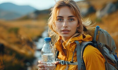 While trekking in the mountains, a thirsty girl drinks from a water bottle, emphasizing the importance of hydration in nature.