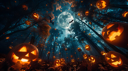 Fototapeta premium Halloween pumpkins in the forest at night.Halloween background with Evil Pumpkin. Spooky scary dark Night forrest. Holiday event halloween banner background concept
