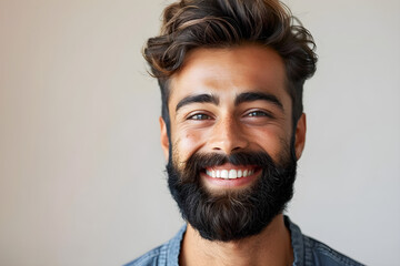 Portrait of smiling man with beard against neutral background, positive human emotions, copy space.