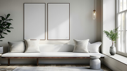 Fototapeta premium Minimalist living room with white sofa, art frames, plants, cushions, and natural light. Ideal for home decor, interior design, mock-ups. Copy space.