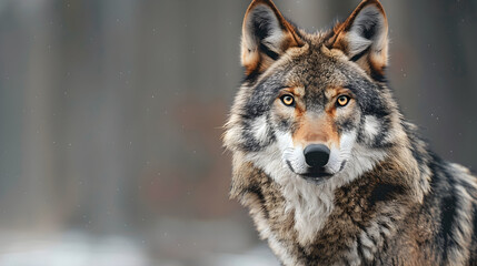 Obraz premium Wild wolf in a forest, close-up portrait with copy space. Perfect for wildlife, nature, and conservation-themed designs and photography.