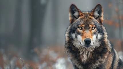Obraz premium majestic wild wolf in an autumn forest, perfect for nature themes, wildlife promotions, and animal conservation projects, with copy space