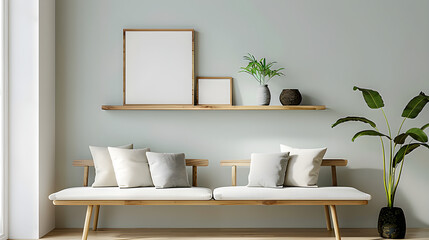 Minimalist living room with wooden furniture, white cushions, plants, and a shelf with decor. Bright and modern interior design with copy space.