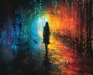 Obraz premium Create a surrealistic painting of a human silhouette made of digital code, blending into a background of swirling data streams.