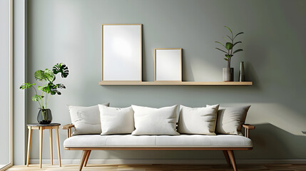 Minimalist living room in Scandinavian style with light green walls, neutral tones, wooden furniture, and potted plants. Cozy and stylish with copy space.