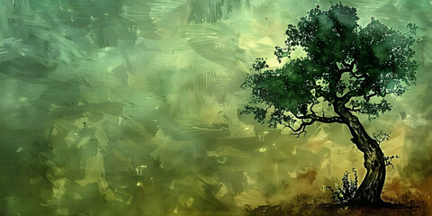 Fototapeta premium A serene digital painting of a single tree against a green and brown mixed background. Ideal for nature-themed designs and has ample copy space.