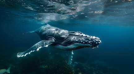 Obraz premium Humpback whale swimming just below the ocean's surface. Perfect for underwater nature themes, marine life conservation, and adventure designs. Copy space available.