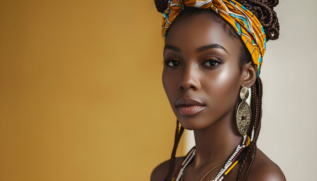 Fashion beauty African young woman portrait with traditional head wrap, jewelry, yellow background. Copy space for text.