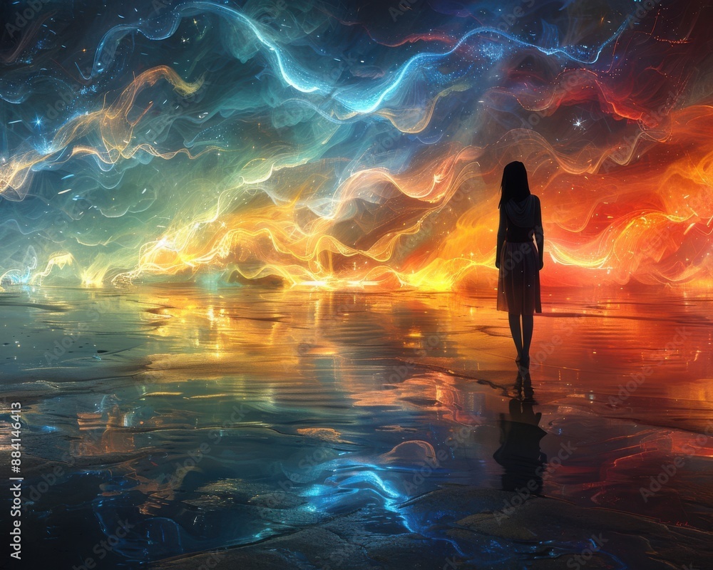 Wall mural create a surrealistic painting of a person standing on a beach, with waves made of colorful light re