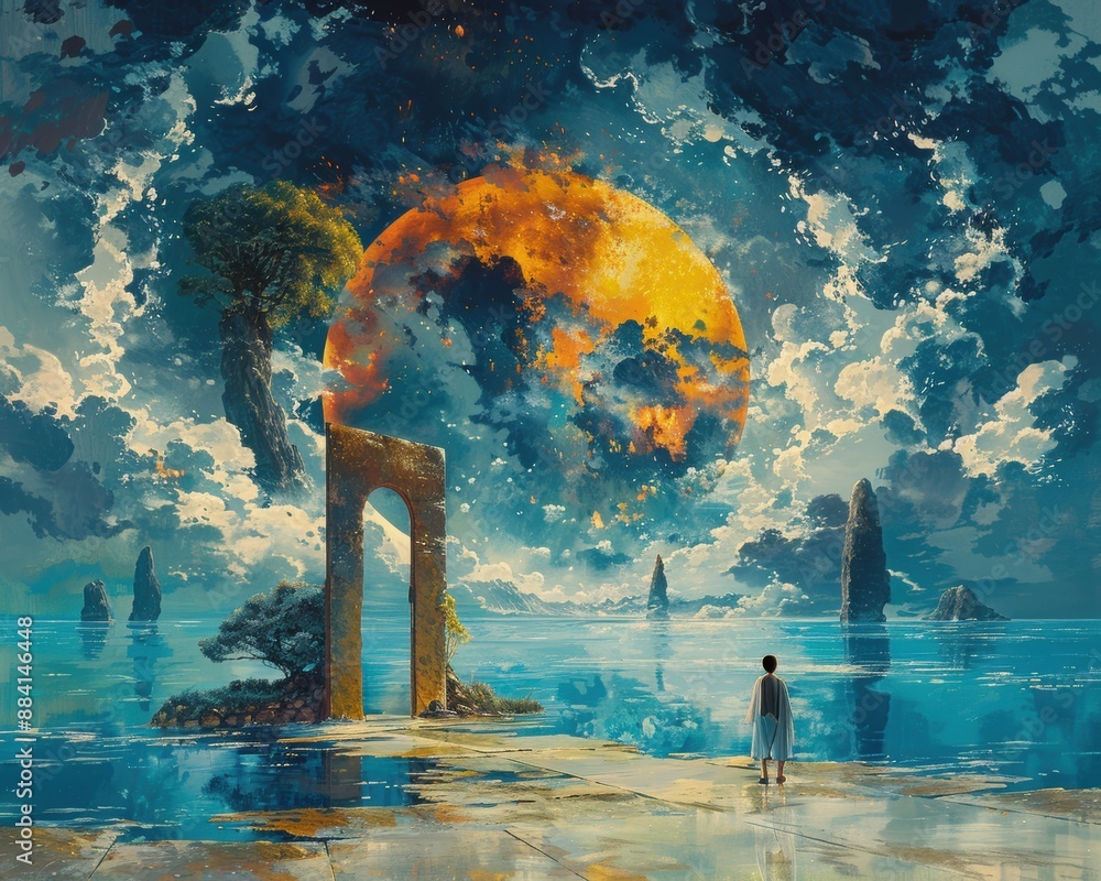 Wall mural create a surrealistic painting of a person standing in front of a door that opens to a world of floa