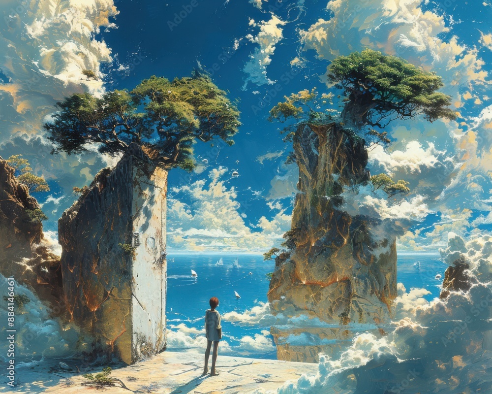 Wall mural create a surrealistic painting of a person standing in front of a door that opens to a world of floa