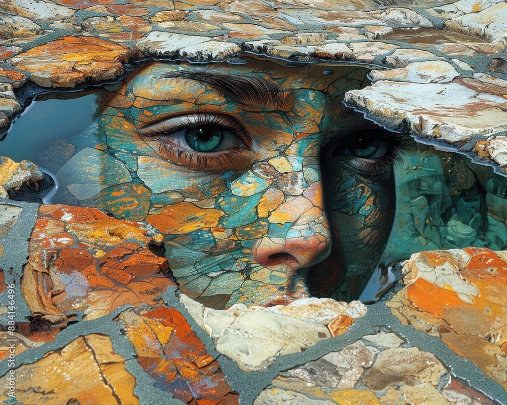 Wall mural create a surrealistic painting of a person looking into a pool of water that reflects not their face