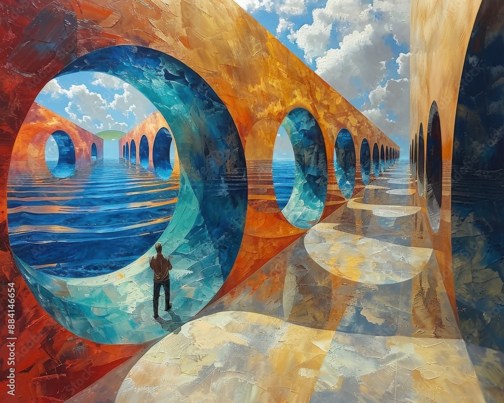 Wall mural create a surrealistic painting of a person exploring a labyrinth of mirrors, each one reflecting dif
