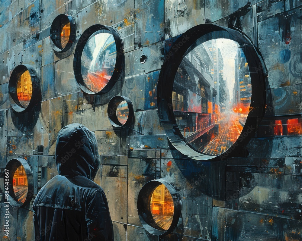 Wall mural create a surrealistic painting of a person exploring a labyrinth of mirrors, each one reflecting dif