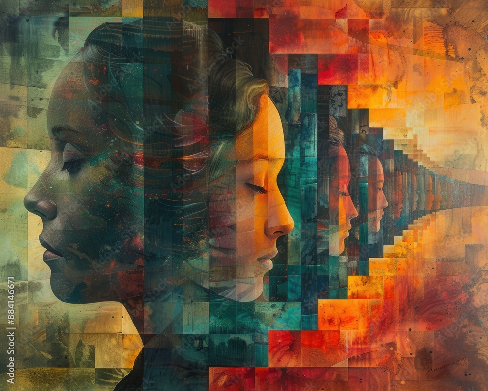 Wall mural create a surrealistic painting of a person exploring a labyrinth of mirrors, each one reflecting dif