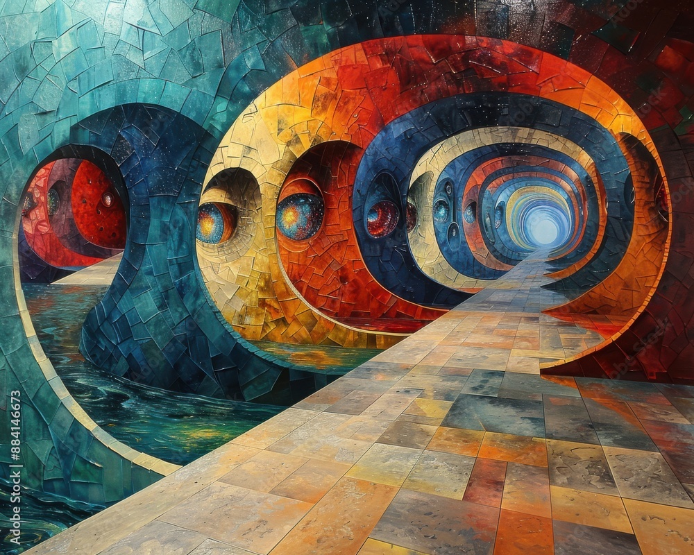 Wall mural create a surrealistic painting of a person exploring a labyrinth of mirrors, each one reflecting dif