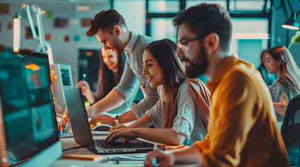  Happy group of software developers working an students as a team in office.