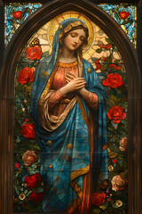 Virgin Mary, religious painting stained glass illustration. The image of the Blessed Virgin Mary on an artistic stained glass window.