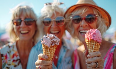 Three mature women, having fun walking on a city street, enjoy eating ice cream cones, reflecting a joyful elderly lifestyle concept.
