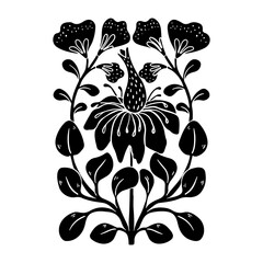 Vector spring summer illustration with black wild flower isolated on white background in Folk art symmetry style