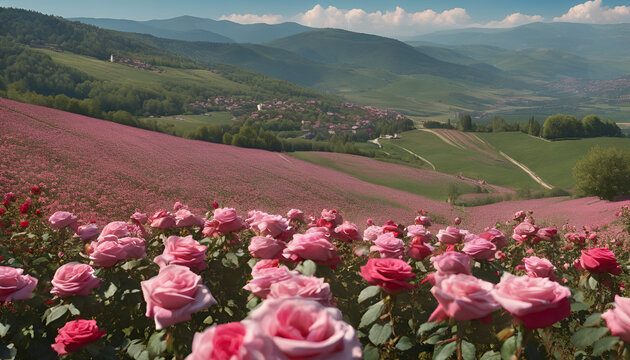 A landscape of a valley in Bulgaria, showcasing vast fields of blooming pink roses, generative AI